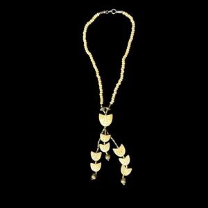 Carved and Beaded Bone Metal Multiple Strand Cat Face Hook and Loop Necklace